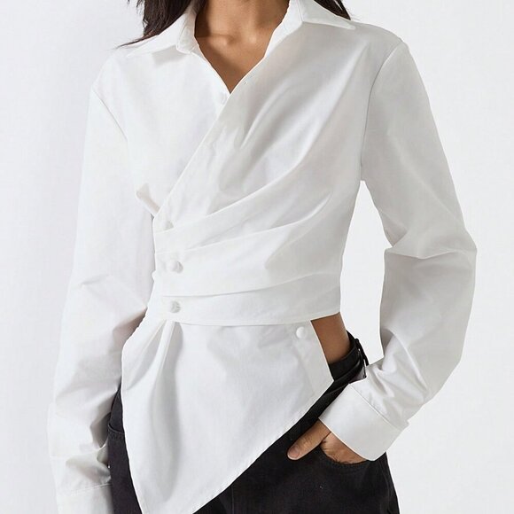 White Minimalist Women's Elegant Long Sleeve button detailed Shirt - Picture 6 of 8